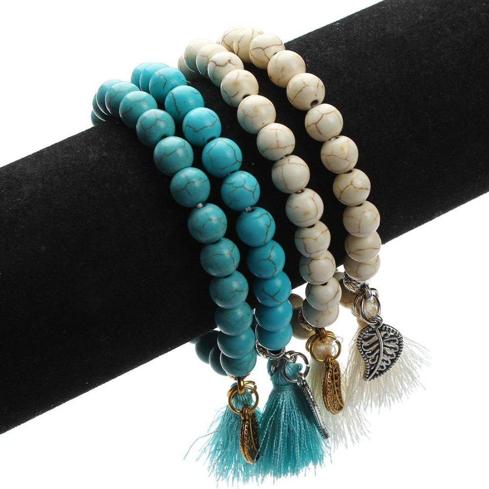 Turquoise Tassel Leaf Charm Bracelet - Floral Fawna