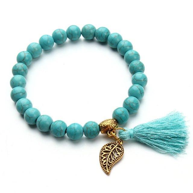 Turquoise Tassel Leaf Charm Bracelet - Floral Fawna