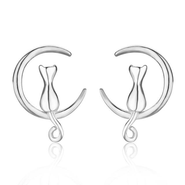 Cat & Moon Sterling Silver Stud Earrings - Floral Fawna