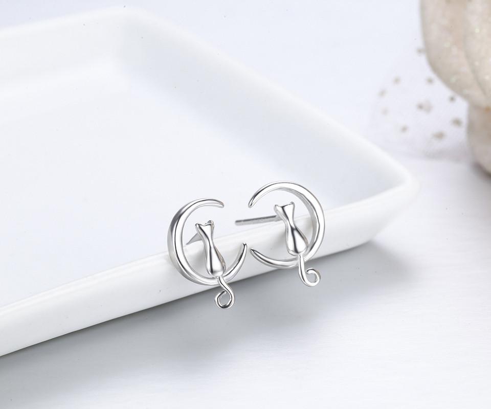 Cat &amp; Moon Sterling Silver Stud Earrings - Floral Fawna