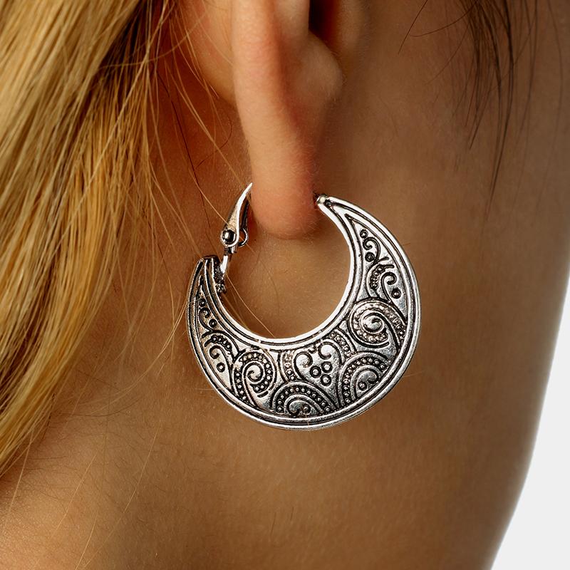 Ethnic Style Carved Moon Earrings - Floral Fawna