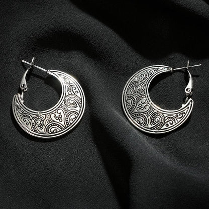 Ethnic Style Carved Moon Earrings - Floral Fawna