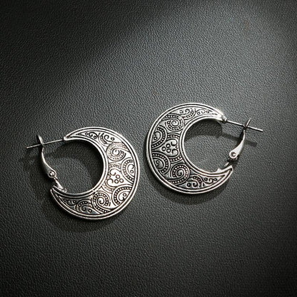 Ethnic Style Carved Moon Earrings - Floral Fawna