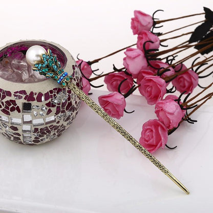 Pearl &amp; Rhinestone Crystals Hair Stick - Floral Fawna