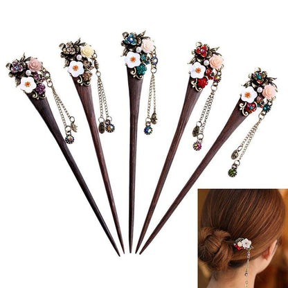 Vintage Style Rhinestone Flowers Wooden Hair Stick - Floral Fawna