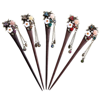 Vintage Style Rhinestone Flowers Wooden Hair Stick - Floral Fawna