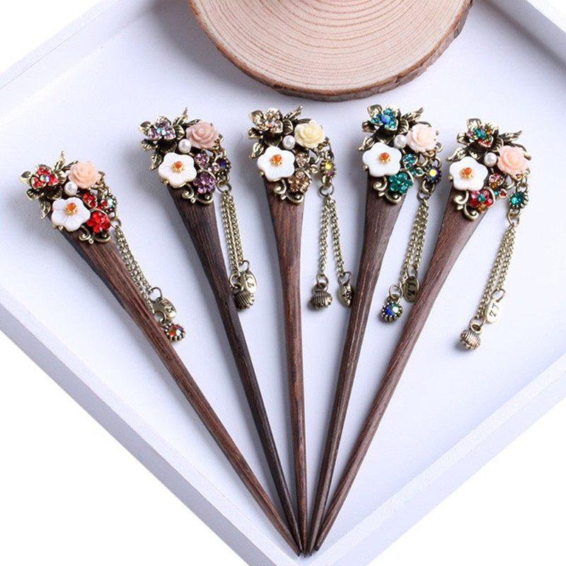 Vintage Style Rhinestone Flowers Wooden Hair Stick - Floral Fawna