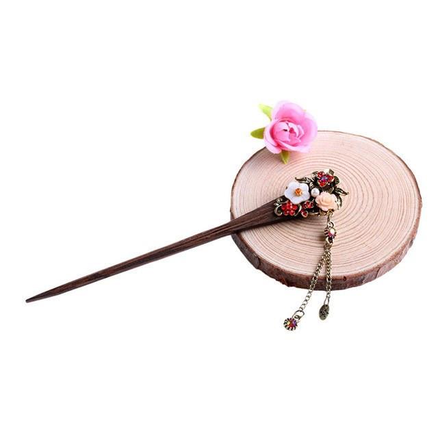 Vintage Style Rhinestone Flowers Wooden Hair Stick - Floral Fawna