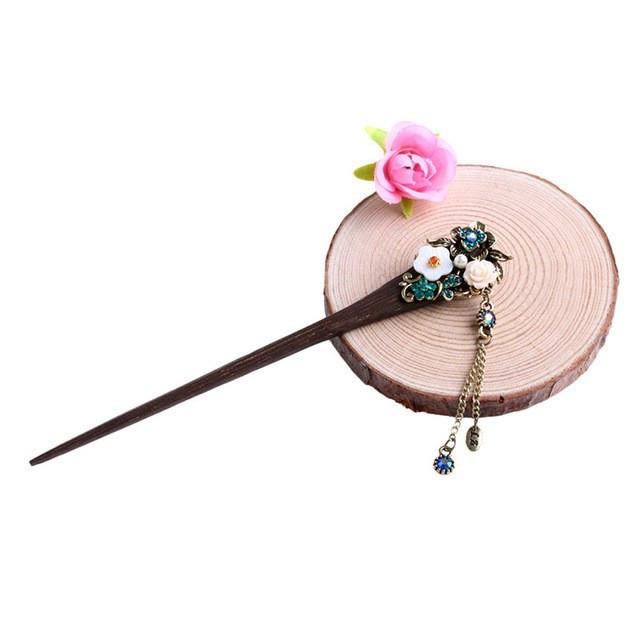 Vintage Style Rhinestone Flowers Wooden Hair Stick - Floral Fawna