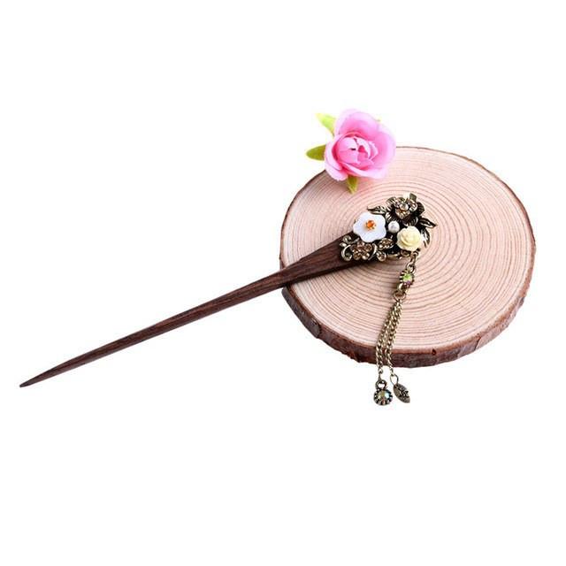 Vintage Style Rhinestone Flowers Wooden Hair Stick - Floral Fawna