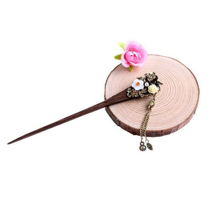 Vintage Style Rhinestone Flowers Wooden Hair Stick - Floral Fawna