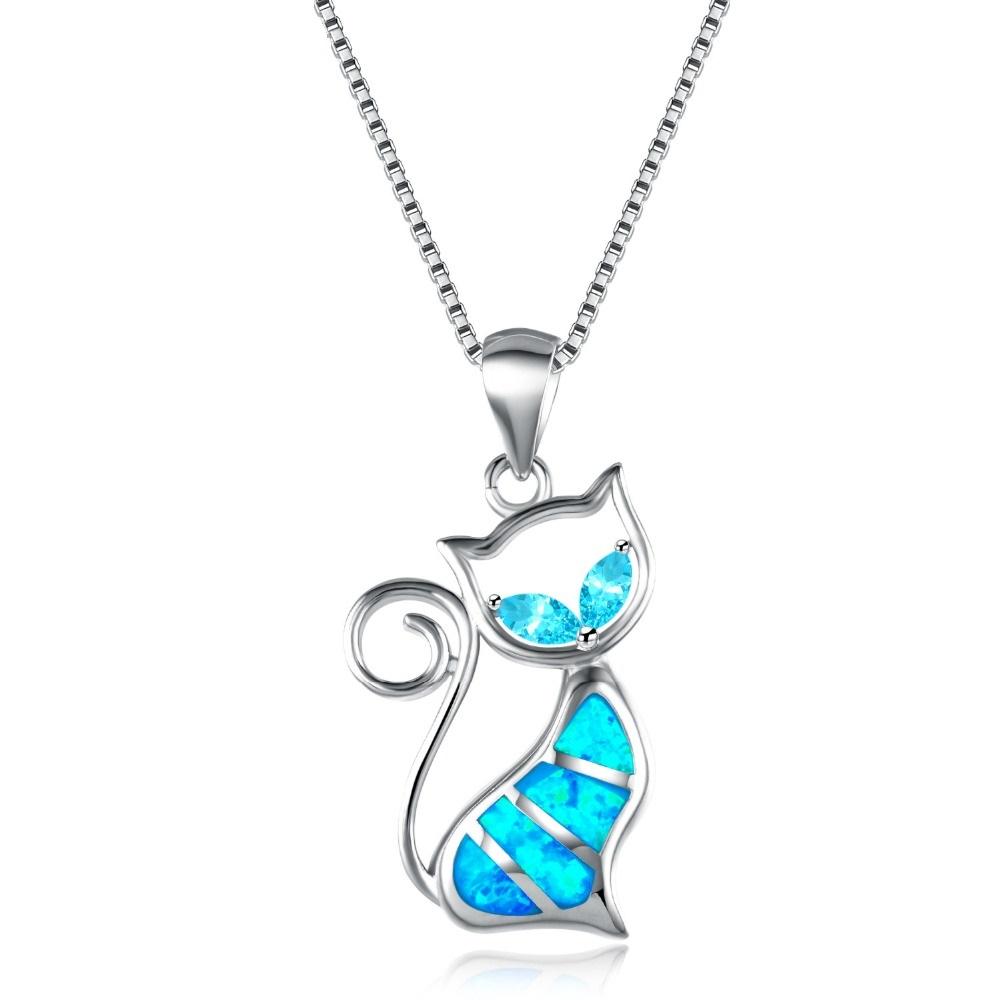 Blue Fire Opal Cat Sterling Silver Necklace - Floral Fawna