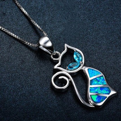 Blue Fire Opal Cat Sterling Silver Necklace - Floral Fawna