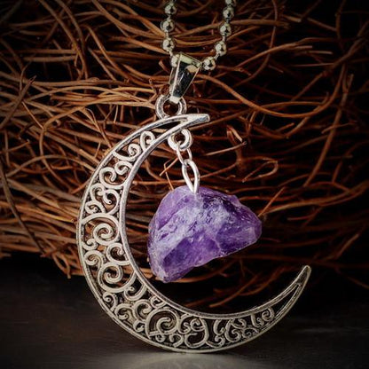 Crescent Moon &amp; Natural Stone Crystal Necklace - Floral Fawna