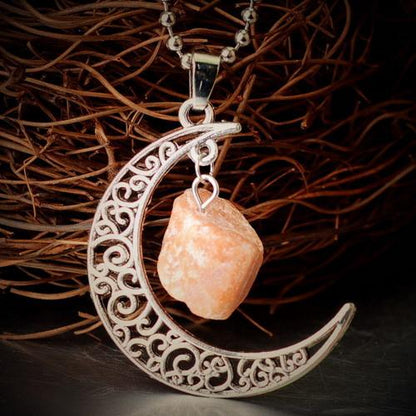 Crescent Moon &amp; Natural Stone Crystal Necklace - Floral Fawna