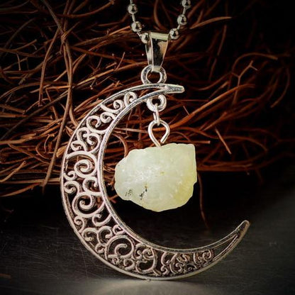 Crescent Moon &amp; Natural Stone Crystal Necklace - Floral Fawna