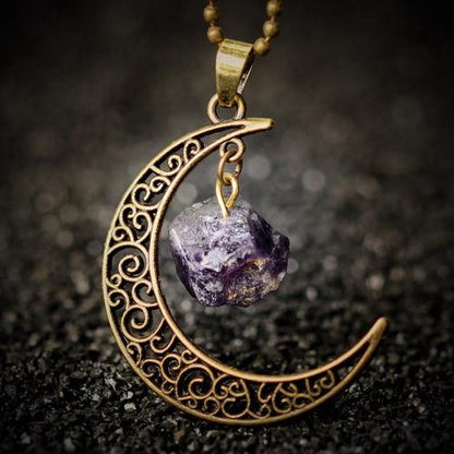 Crescent Moon &amp; Natural Stone Crystal Necklace - Floral Fawna