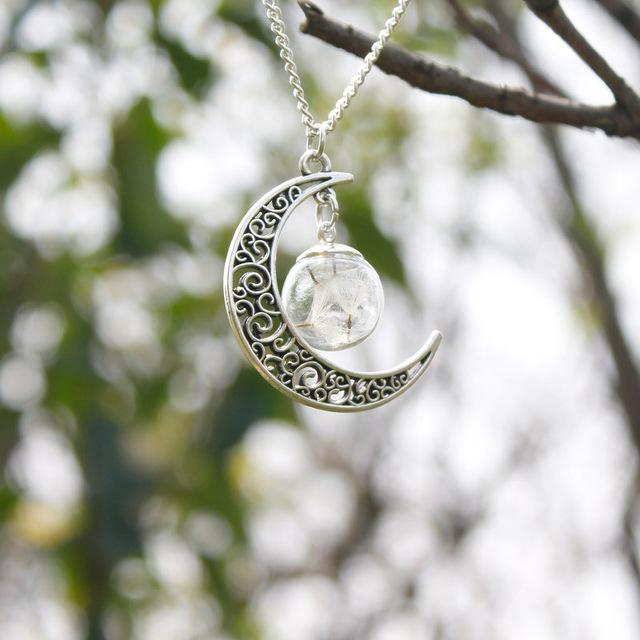 Crescent Moon &amp; Real Dandelion Seeds Necklace - Floral Fawna