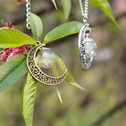 Crescent Moon &amp; Real Dandelion Seeds Necklace - Floral Fawna