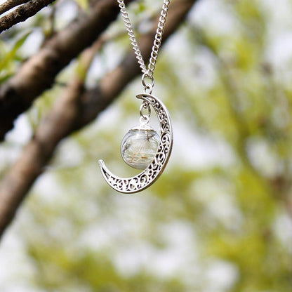 Crescent Moon &amp; Real Dandelion Seeds Necklace - Floral Fawna