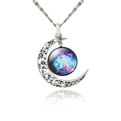 Galaxy Cabochon Crescent Moon Silver Necklace - Floral Fawna