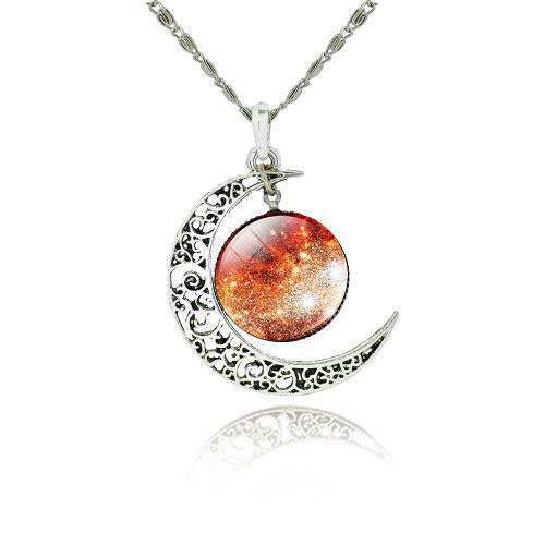 Galaxy Cabochon Crescent Moon Silver Necklace - Floral Fawna