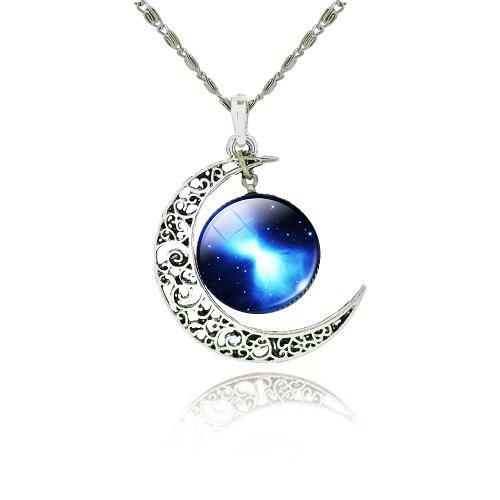 Galaxy Cabochon Crescent Moon Silver Necklace - Floral Fawna