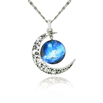 Galaxy Cabochon Crescent Moon Silver Necklace - Floral Fawna