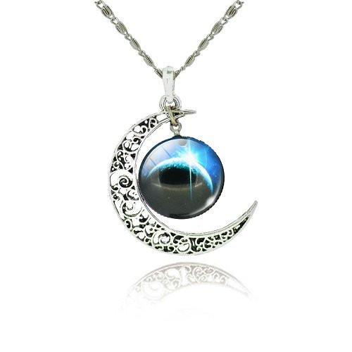 Galaxy Cabochon Crescent Moon Silver Necklace - Floral Fawna