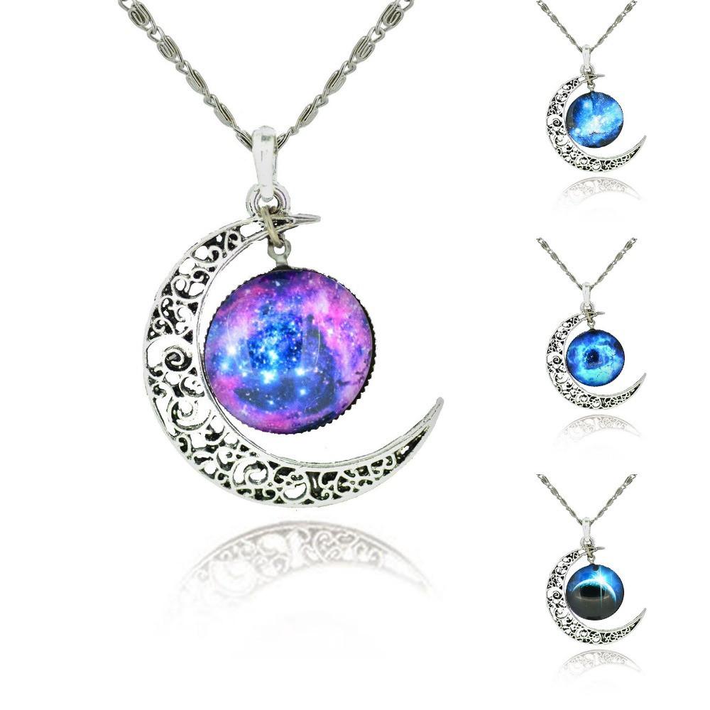 Galaxy Cabochon Crescent Moon Silver Necklace - Floral Fawna