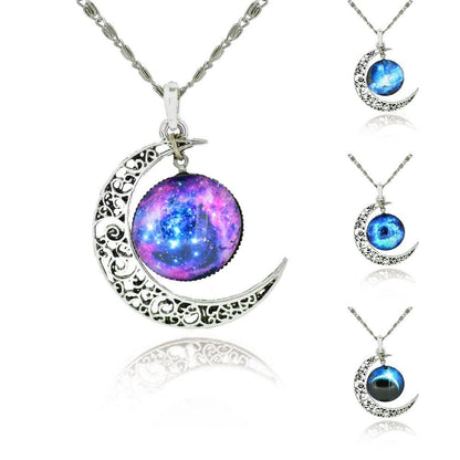 Galaxy Cabochon Crescent Moon Silver Necklace - Floral Fawna