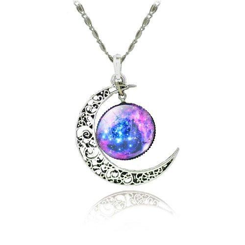 Galaxy Cabochon Crescent Moon Silver Necklace - Floral Fawna