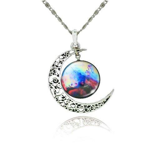 Galaxy Cabochon Crescent Moon Silver Necklace - Floral Fawna