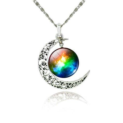 Galaxy Cabochon Crescent Moon Silver Necklace - Floral Fawna