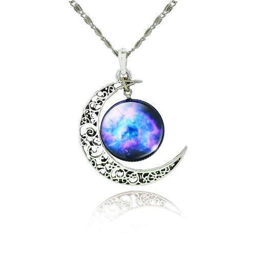 Galaxy Cabochon Crescent Moon Silver Necklace - Floral Fawna