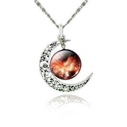 Galaxy Cabochon Crescent Moon Silver Necklace - Floral Fawna