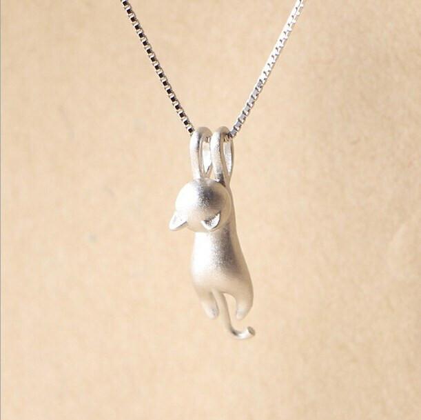 Hanging Cat Silver Necklace - Floral Fawna