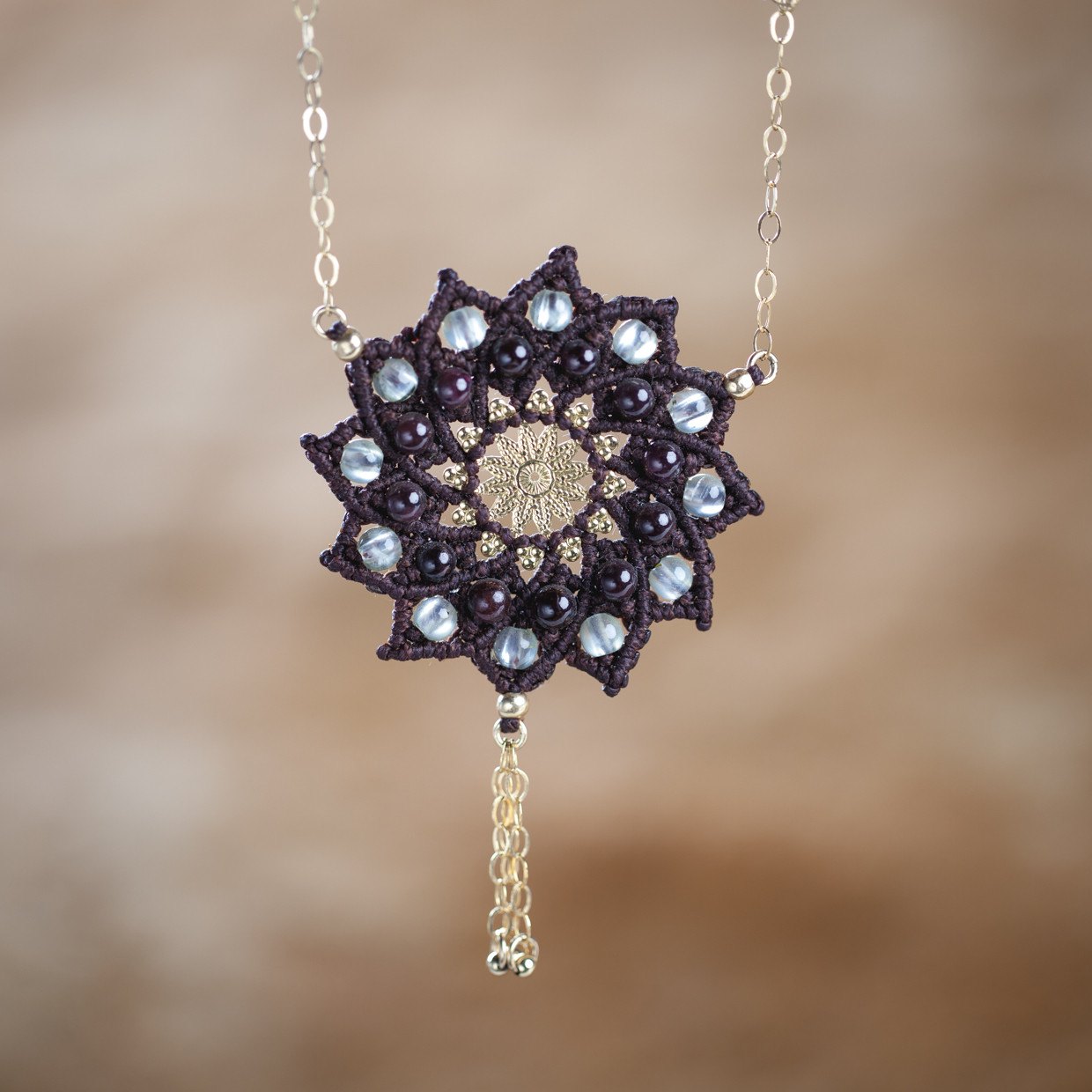 Macrame &amp; Crystals 12 Sided Mandala Necklace - Floral Fawna