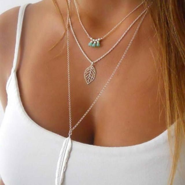 Multi Layer Feather & Leaf Necklace - Floral Fawna