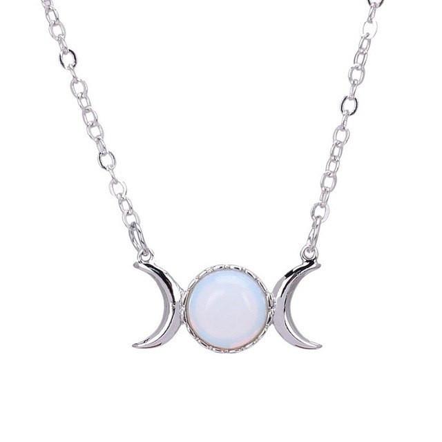 Natural Stone Triple Moon Goddess Necklace - Floral Fawna