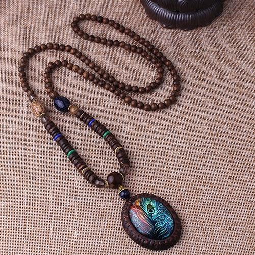 Peacock Wooden Beads Necklace - Floral Fawna