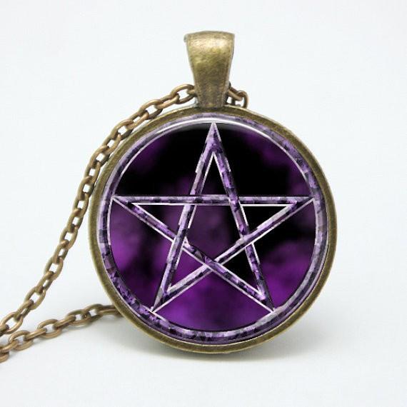 Pentacle Wiccan Pendant Talisman - Unique Glass &amp; Bronze Necklace - Floral Fawna