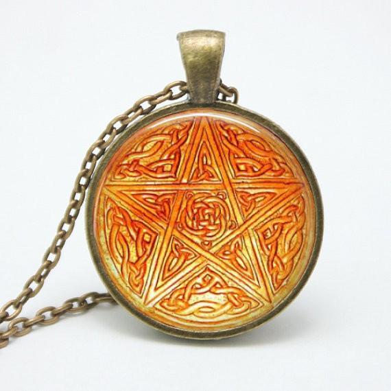 Pentacle Wiccan Pendant Talisman - Unique Glass &amp; Bronze Necklace - Floral Fawna