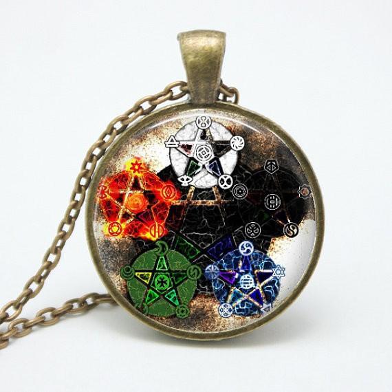 Pentacle Wiccan Pendant Talisman - Unique Glass &amp; Bronze Necklace - Floral Fawna