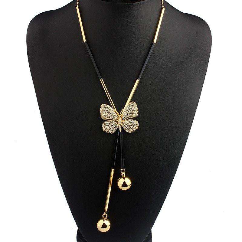 Rhinestone Butterfly Long Beaded Chain Necklace - Floral Fawna