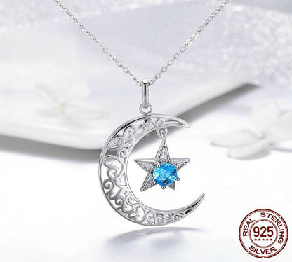 Sparkling Moon &amp; Star Sterling Silver Necklace - Floral Fawna