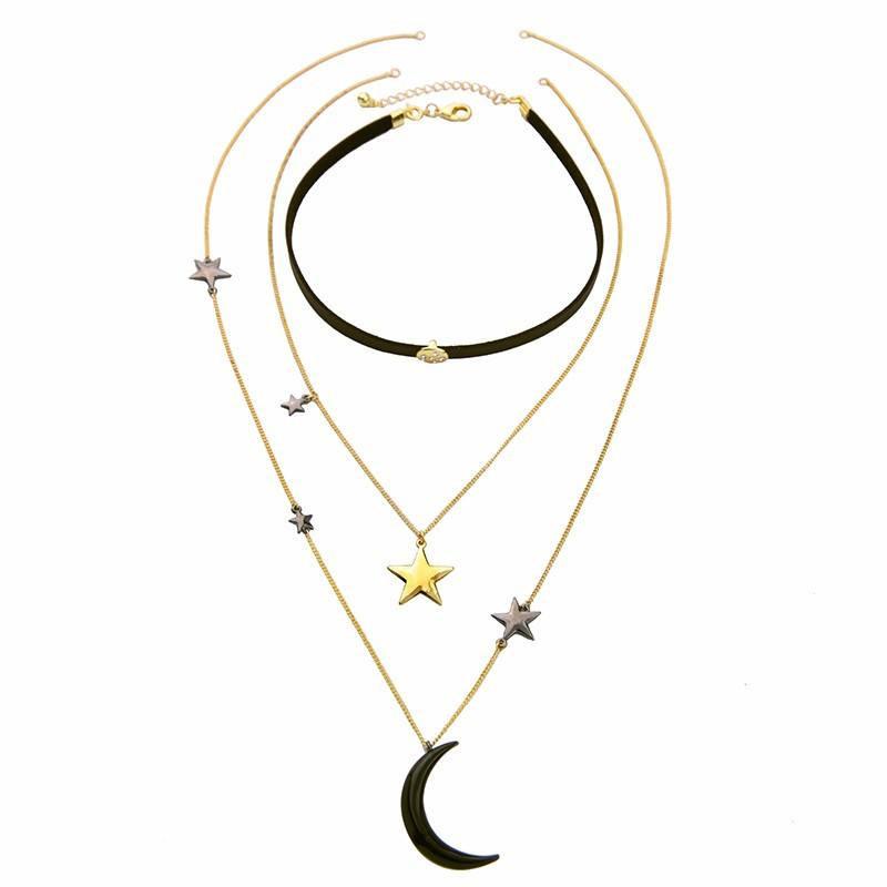 Three Layers Stars &amp; Moon Necklace - Floral Fawna