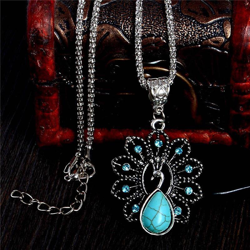 Turquoise Peacock Crystal Necklace - Floral Fawna