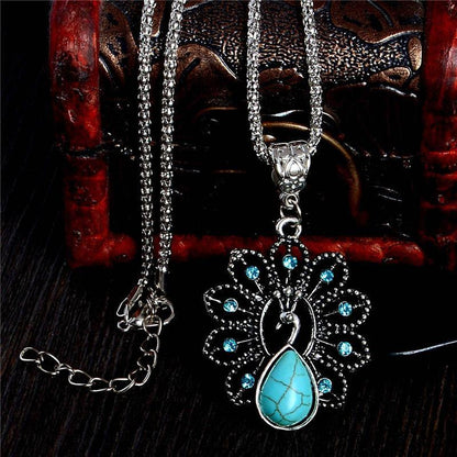 Turquoise Peacock Crystal Necklace - Floral Fawna