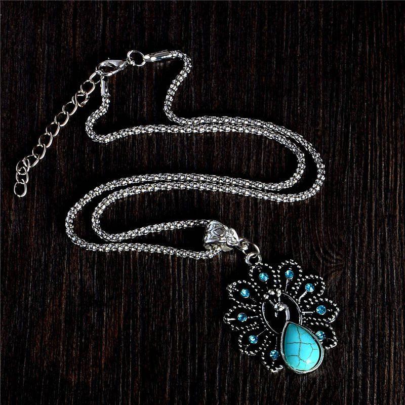 Turquoise Peacock Crystal Necklace - Floral Fawna